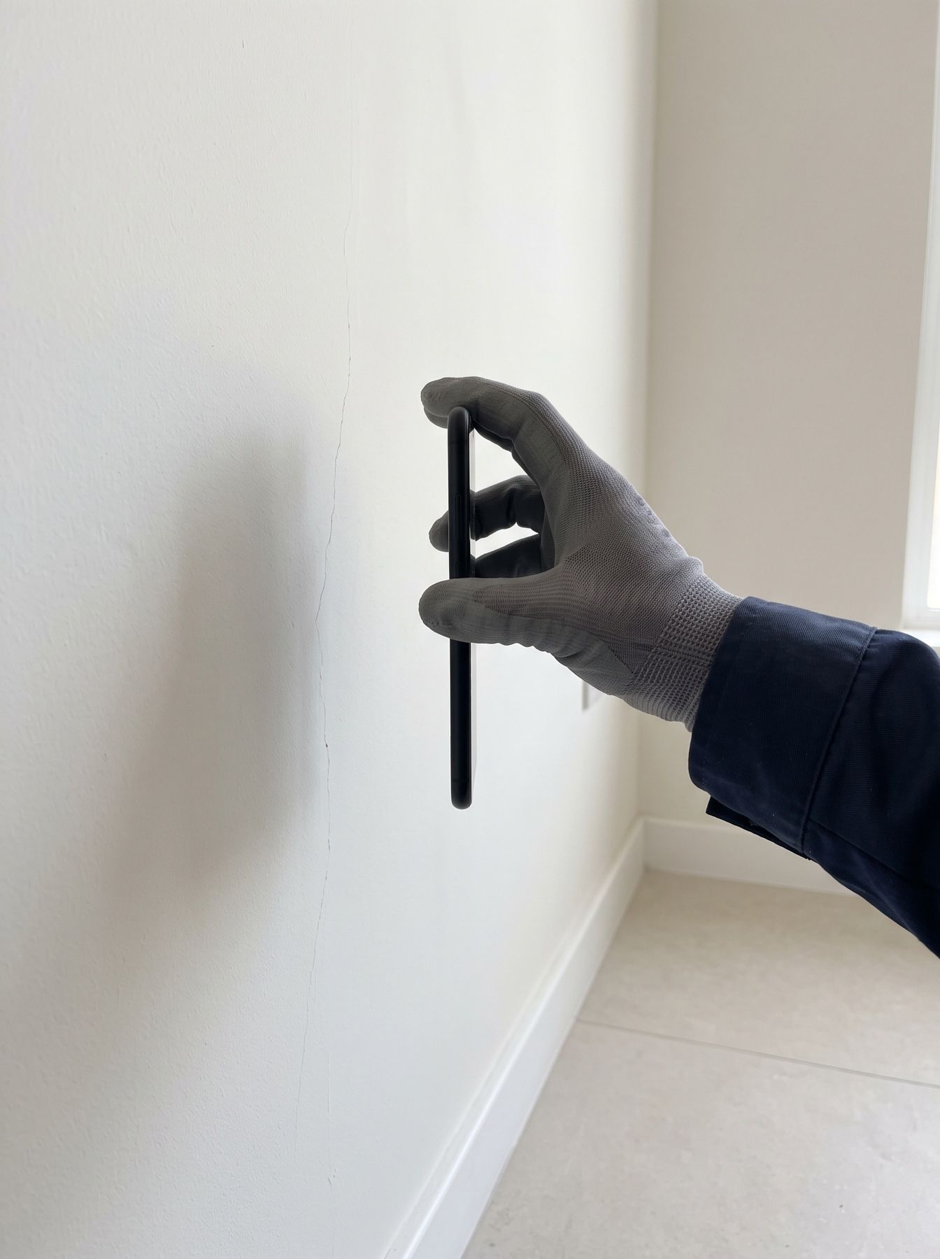 A gloved hand holding a phone up to a hairline crack in a white wall.